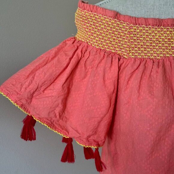 Off-Shoulder Boho Textured Cotton Top with Tassels - Size Small - Picture 2 of 8